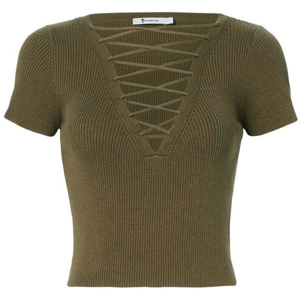 T by Alexander Wang Olive Green Ribbed Lace-Up Short Sleeve Top